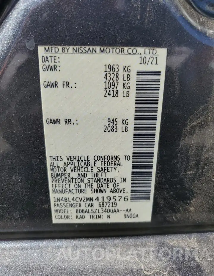 NISSAN ALTIMA SR 2021 vin 1N4BL4CV2MN419576 from auto auction Copart