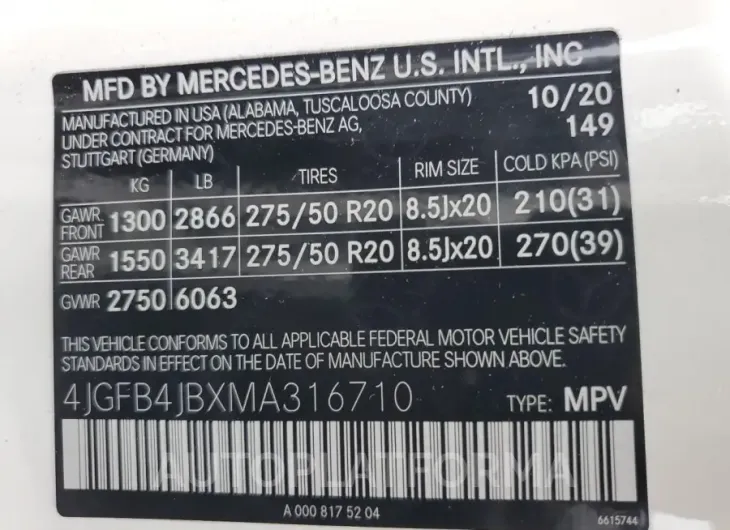 MERCEDES-BENZ GLE 350 2021 vin 4JGFB4JBXMA316710 from auto auction Copart