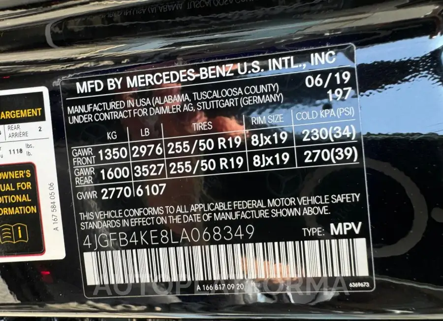 MERCEDES-BENZ GLE 350 4M 2020 vin 4JGFB4KE8LA068349 from auto auction Copart