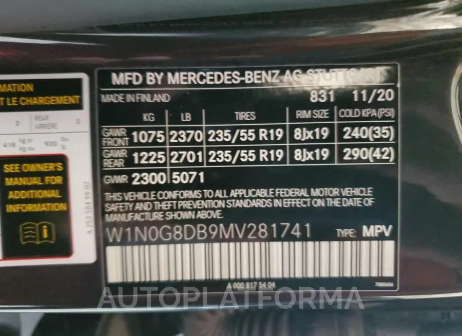 MERCEDES-BENZ GLC 300 2021 vin W1N0G8DB9MV281741 from auto auction Copart