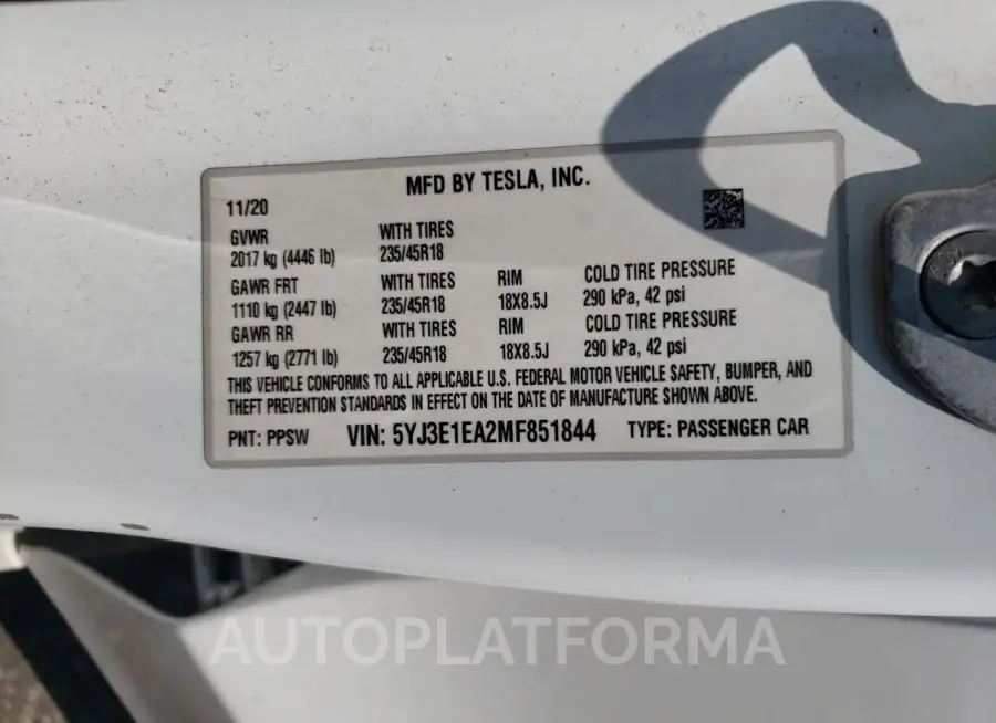 TESLA MODEL 3 2021 vin 5YJ3E1EA2MF851844 from auto auction Copart