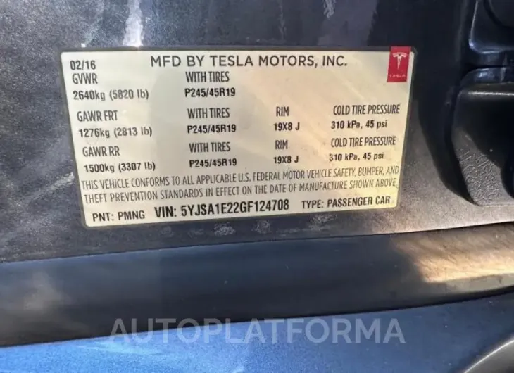 TESLA MODEL S 2016 vin 5YJSA1E22GF124708 from auto auction Copart