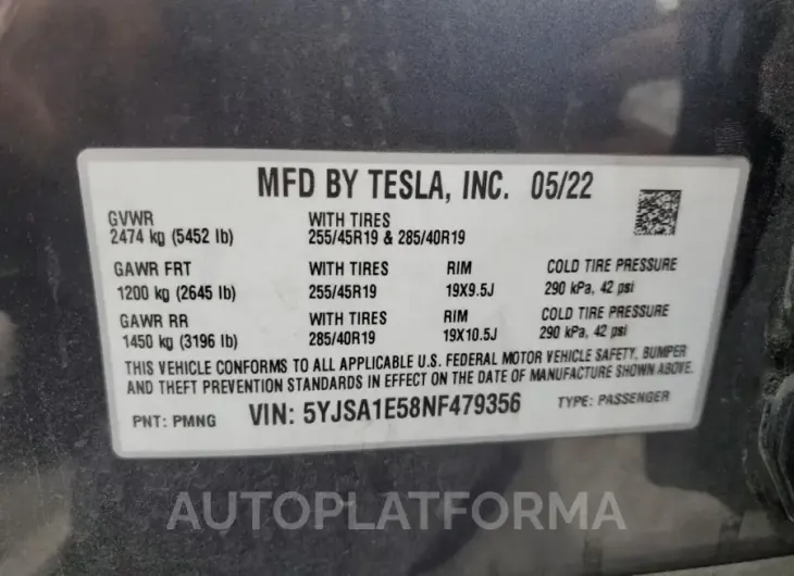 TESLA MODEL S 2022 vin 5YJSA1E58NF479356 from auto auction Copart