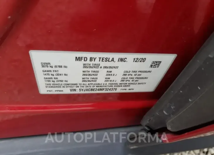 TESLA MODEL X 2021 vin 5YJXCBE24MF324376 from auto auction Copart