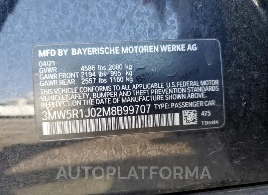 BMW 330I 2021 vin 3MW5R1J02M8B99707 from auto auction Copart