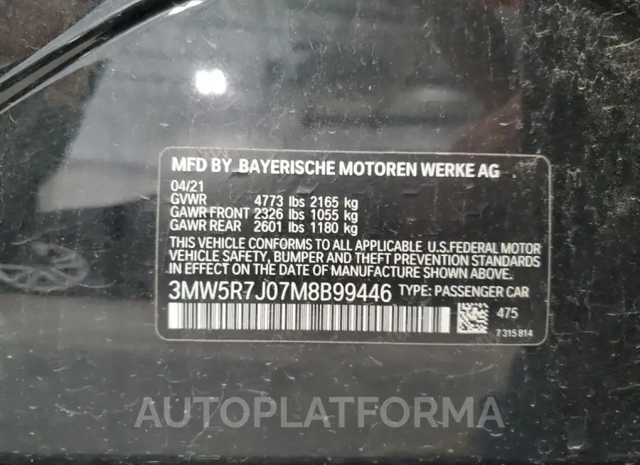 BMW 330XI 2021 vin 3MW5R7J07M8B99446 from auto auction Copart