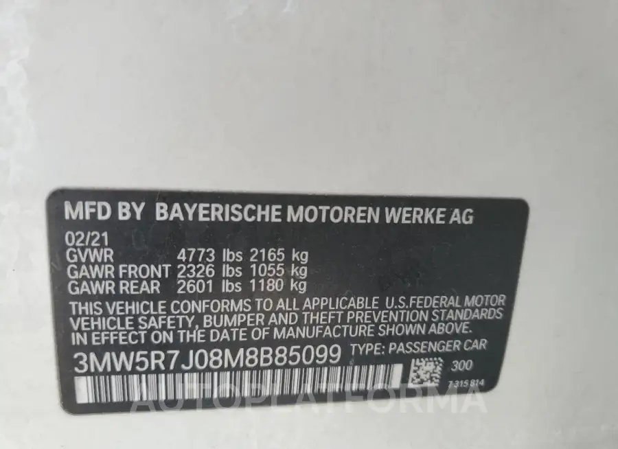 BMW 330XI 2021 vin 3MW5R7J08M8B85099 from auto auction Copart