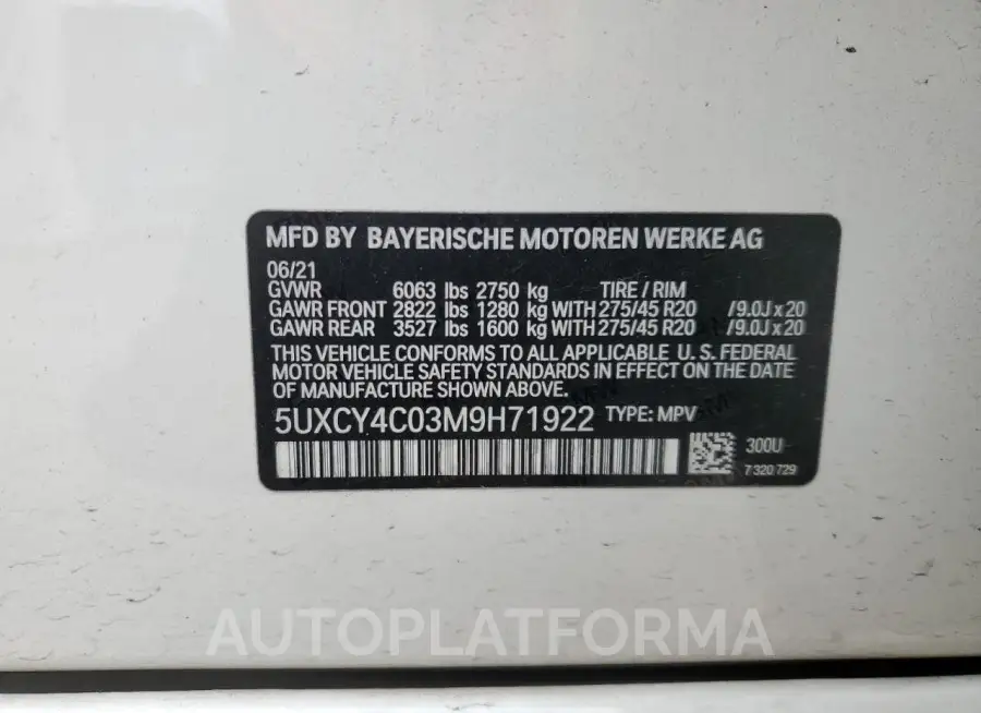 BMW X6 SDRIVE 2021 vin 5UXCY4C03M9H71922 from auto auction Copart