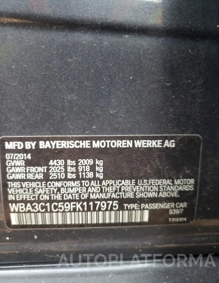 BMW 328 I SULE 2015 vin WBA3C1C59FK117975 from auto auction Copart