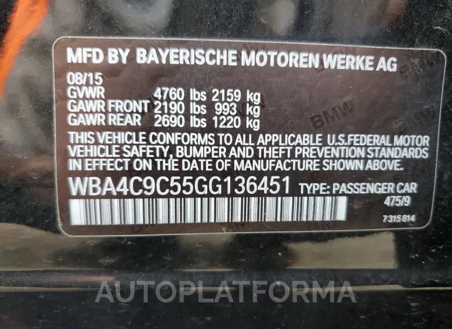 BMW 428 XI GRA 2016 vin WBA4C9C55GG136451 from auto auction Copart