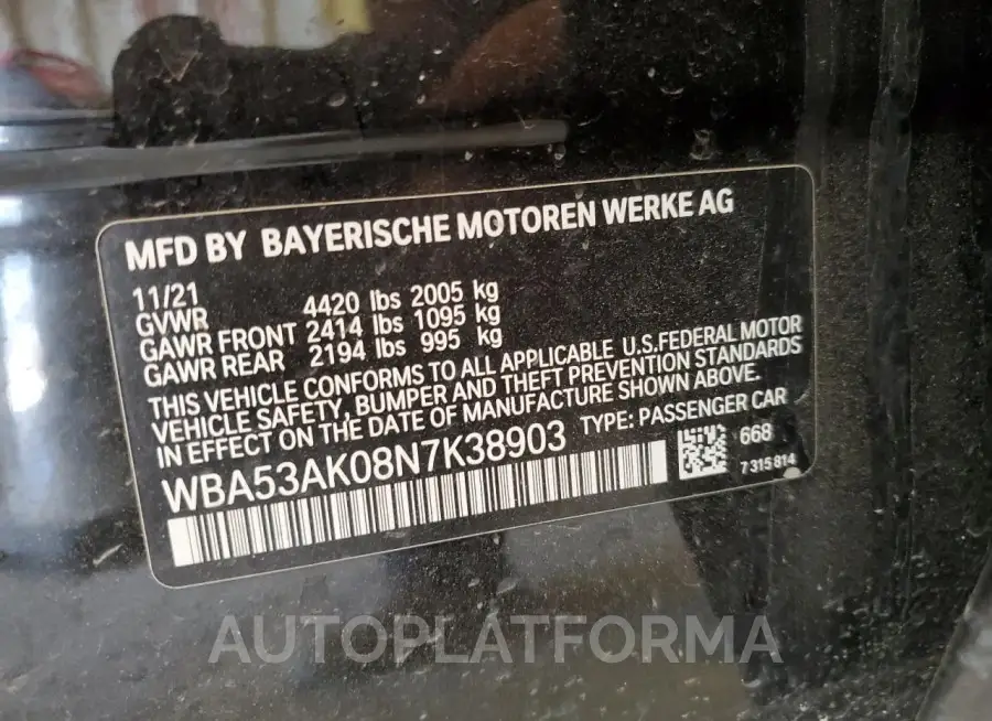 BMW 228I 2022 vin WBA53AK08N7K38903 from auto auction Copart