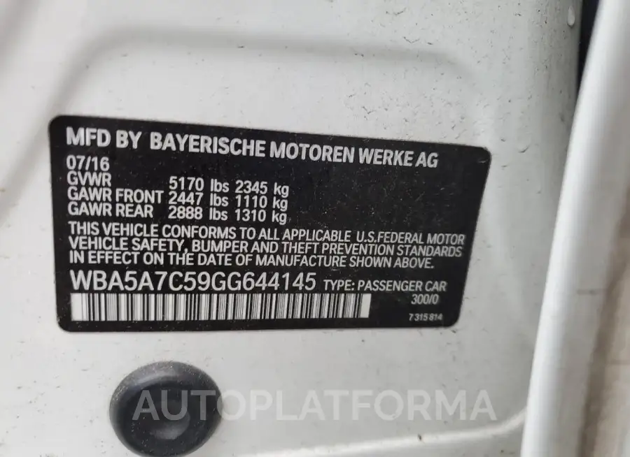 BMW 528 XI 2016 vin WBA5A7C59GG644145 from auto auction Copart