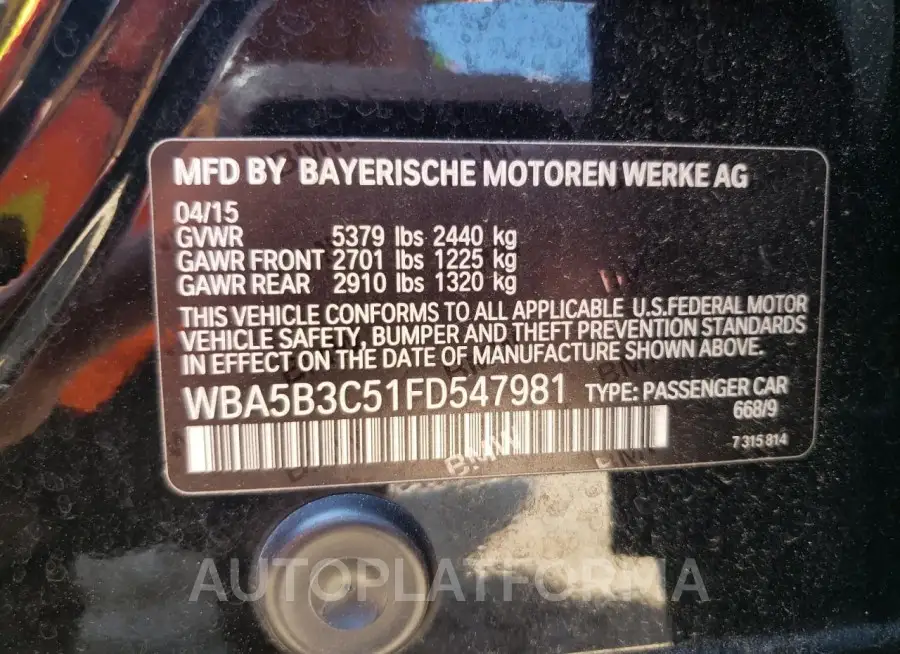 BMW 535 XI 2015 vin WBA5B3C51FD547981 from auto auction Copart