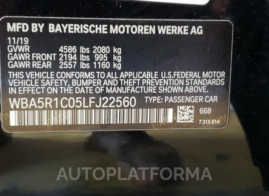 BMW 330I 2020 vin WBA5R1C05LFJ22560 from auto auction Copart