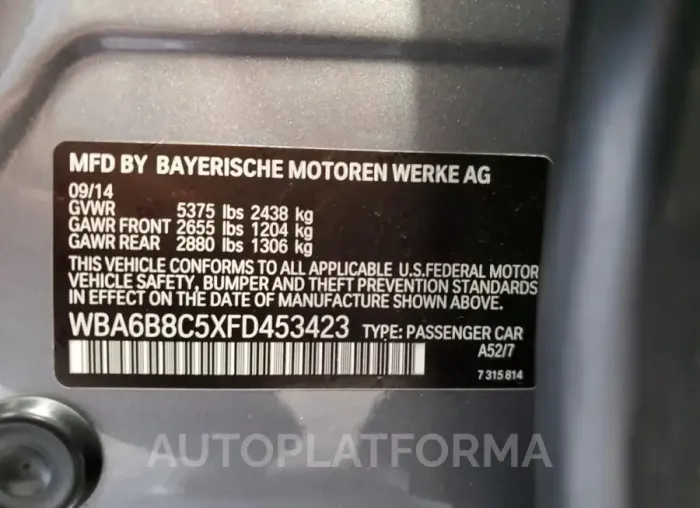 BMW 640 XI GRA 2015 vin WBA6B8C5XFD453423 from auto auction Copart