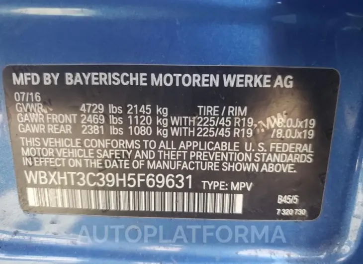 BMW X1 XDRIVE2 2017 vin WBXHT3C39H5F69631 from auto auction Copart