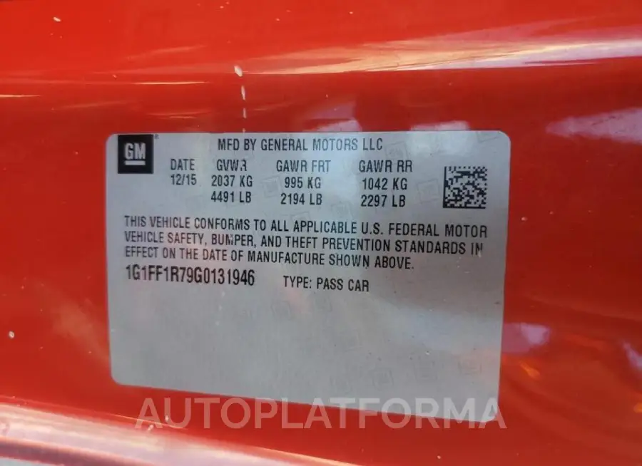 CHEVROLET CAMARO SS 2016 vin 1G1FF1R79G0131946 from auto auction Copart