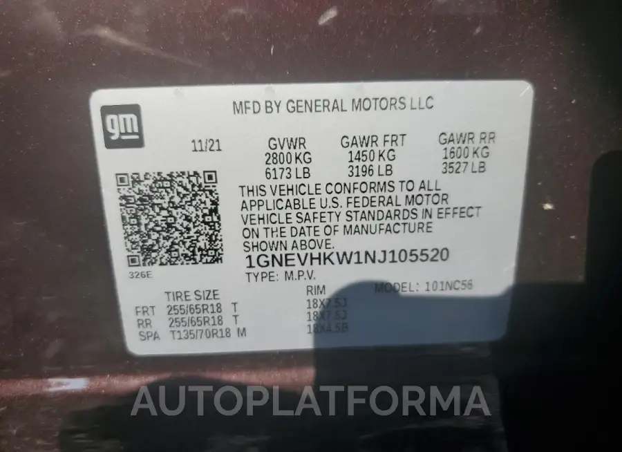 CHEVROLET TRAVERSE L 2022 vin 1GNEVHKW1NJ105520 from auto auction Copart