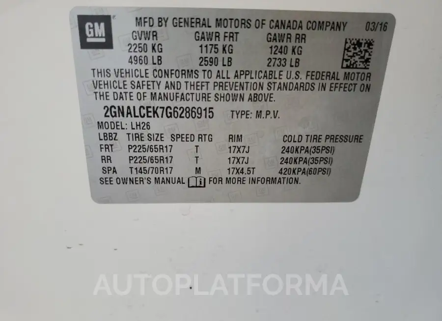 CHEVROLET EQUINOX LT 2016 vin 2GNALCEK7G6286915 from auto auction Copart