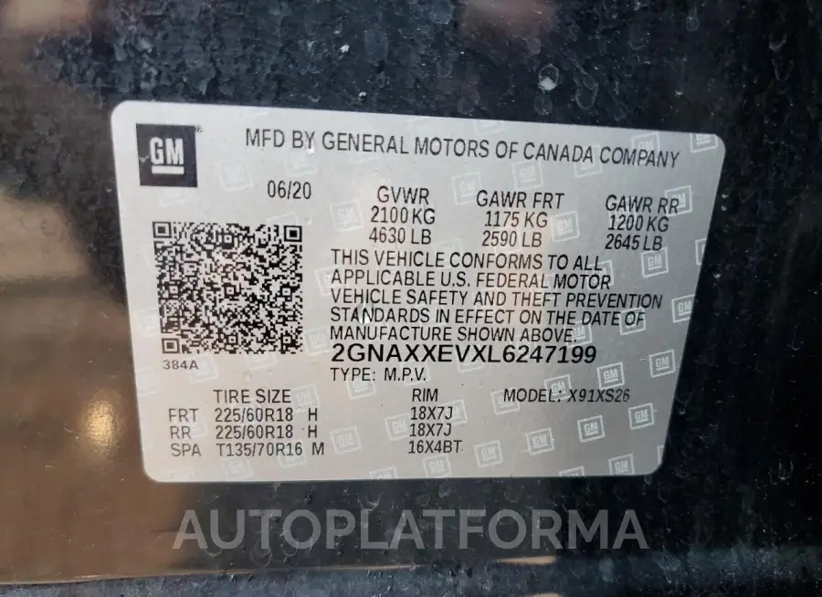 CHEVROLET EQUINOX PR 2020 vin 2GNAXXEVXL6247199 from auto auction Copart