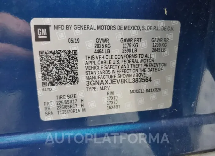 CHEVROLET EQUINOX LT 2019 vin 3GNAXJEV8KL383564 from auto auction Copart