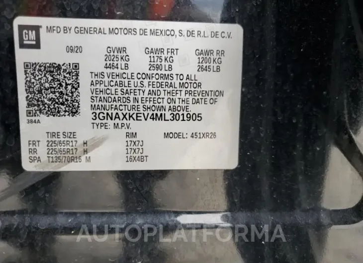 CHEVROLET EQUINOX LT 2021 vin 3GNAXKEV4ML301905 from auto auction Copart