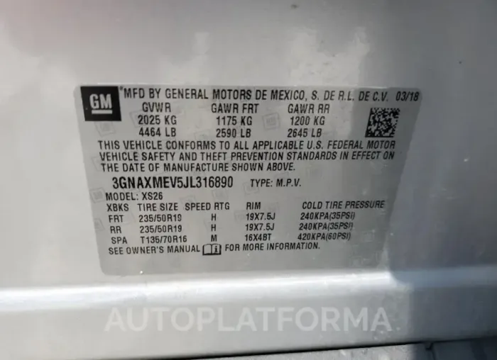 CHEVROLET EQUINOX PR 2018 vin 3GNAXMEV5JL316890 from auto auction Copart