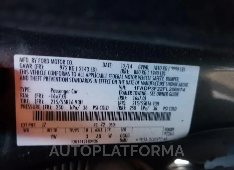 FORD FOCUS SE 2015 vin 1FADP3F22FL206974 from auto auction Copart