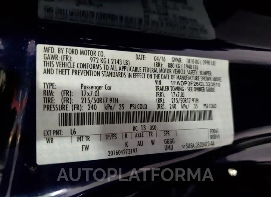 FORD FOCUS SE 2016 vin 1FADP3F26GL323510 from auto auction Copart