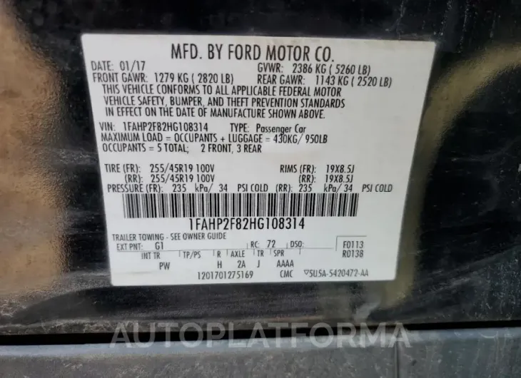 FORD TAURUS LIM 2017 vin 1FAHP2F82HG108314 from auto auction Copart