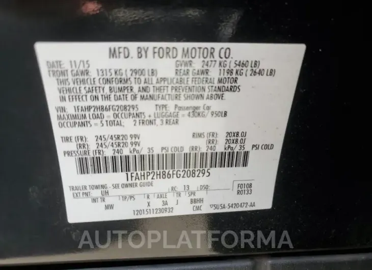 FORD TAURUS SEL 2015 vin 1FAHP2H86FG208295 from auto auction Copart