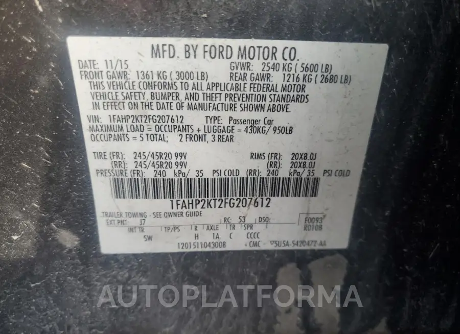 FORD TAURUS SHO 2015 vin 1FAHP2KT2FG207612 from auto auction Copart