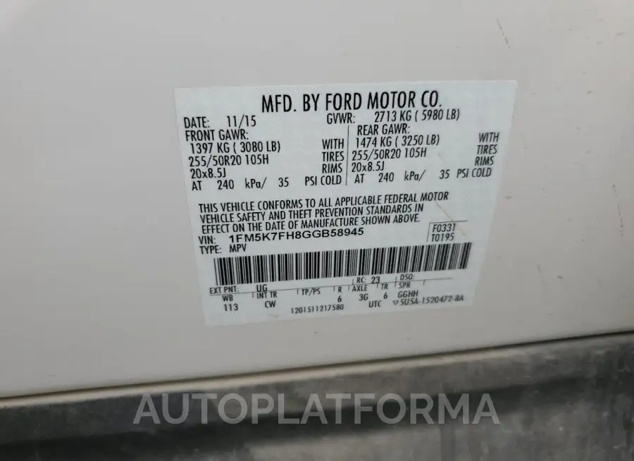 FORD EXPLORER L 2016 vin 1FM5K7FH8GGB58945 from auto auction Copart