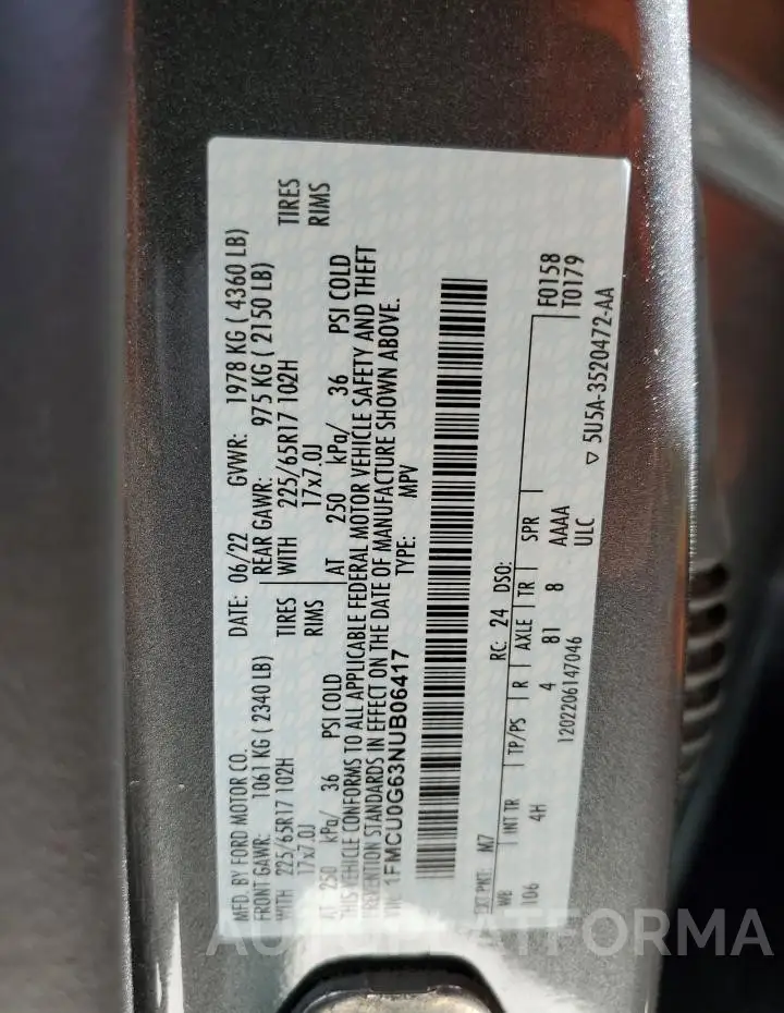 FORD ESCAPE SE 2022 vin 1FMCU0G63NUB06417 from auto auction Copart