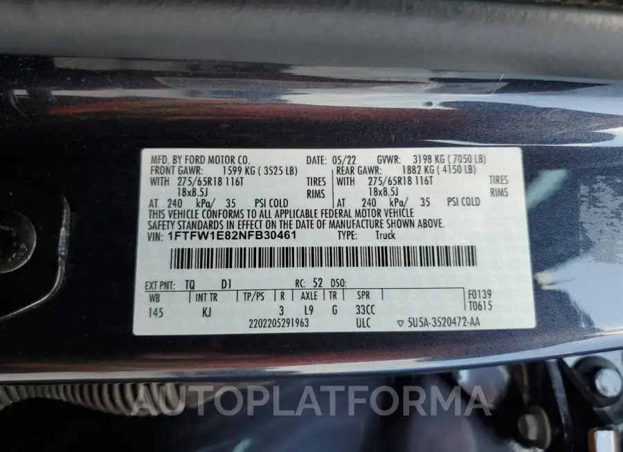 FORD F150 SUPER 2022 vin 1FTFW1E82NFB30461 from auto auction Copart