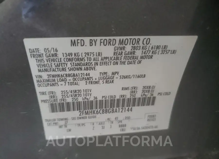 FORD FLEX SEL 2016 vin 2FMHK6C88GBA12144 from auto auction Copart