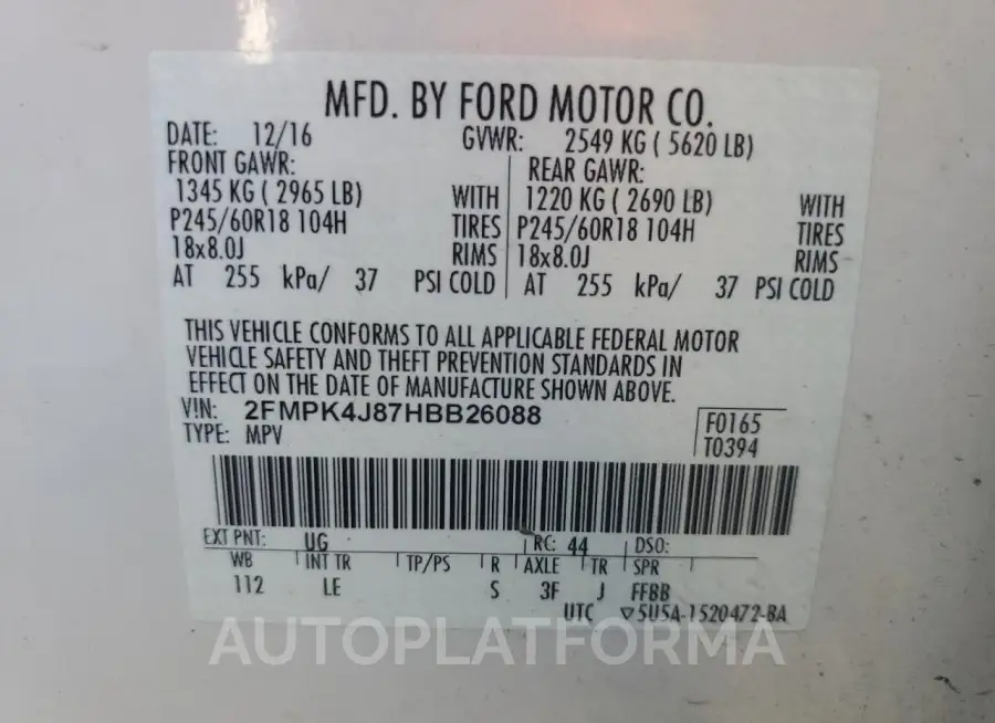 FORD EDGE SEL 2017 vin 2FMPK4J87HBB26088 from auto auction Copart