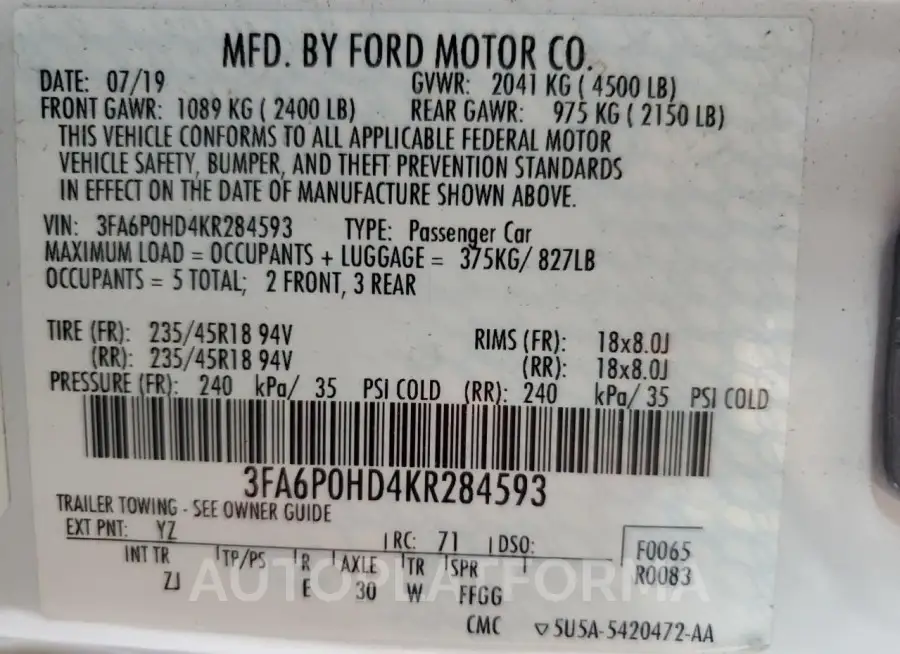 FORD FUSION SE 2019 vin 3FA6P0HD4KR284593 from auto auction Copart