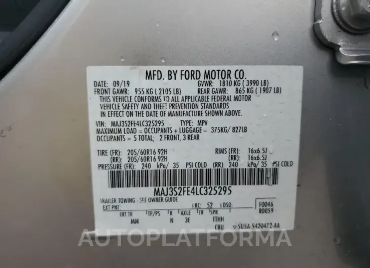 FORD ECOSPORT S 2020 vin MAJ3S2FE4LC325295 from auto auction Copart