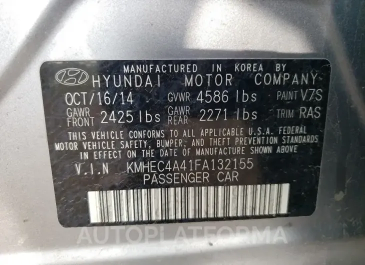 HYUNDAI SONATA HYB 2015 vin KMHEC4A41FA132155 from auto auction Copart