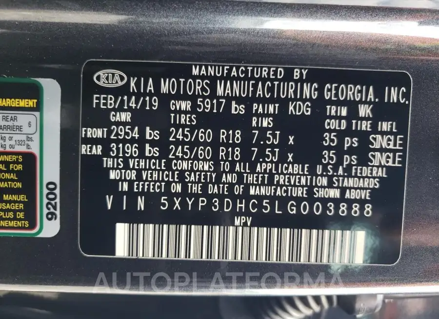 KIA TELLURIDE 2020 vin 5XYP3DHC5LG003888 from auto auction Copart