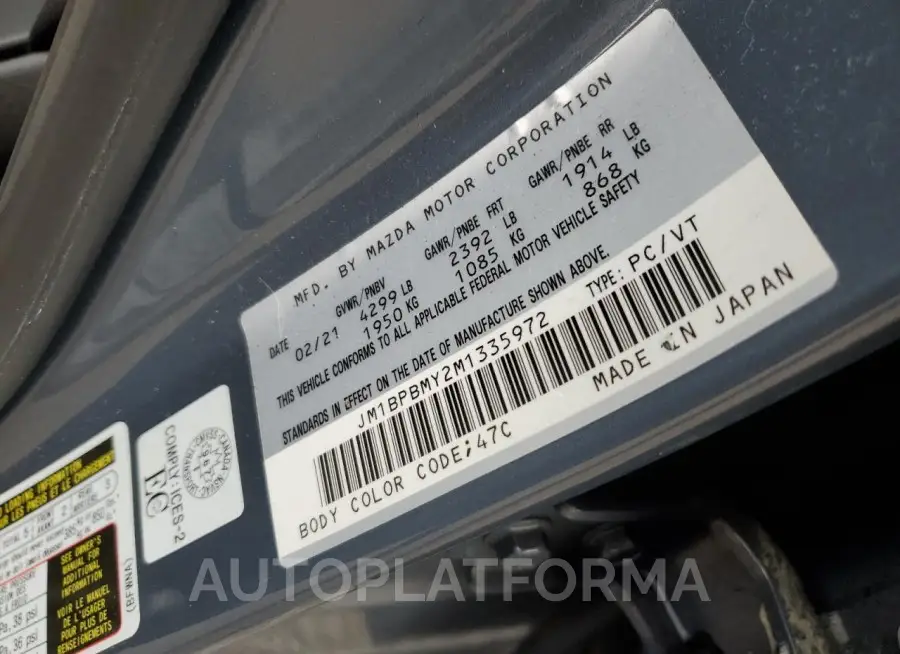 MAZDA 3 PREMIUM 2021 vin JM1BPBMY2M1335972 from auto auction Copart