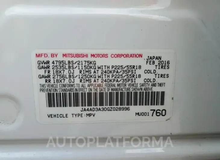 MITSUBISHI outlander 2016 vin JA4AD3A30GZ028996 from auto auction Copart