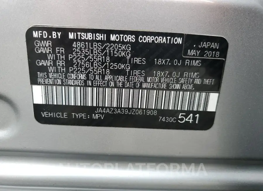 MITSUBISHI outlander 2018 vin JA4AZ3A39JZ061908 from auto auction Copart