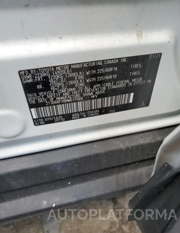 TOYOTA RAV4 LIMIT 2021 vin 2T3D6RFV6MW017068 from auto auction Copart