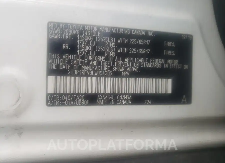 TOYOTA RAV4 XLE 2020 vin 2T3P1RFV9LW094205 from auto auction Copart