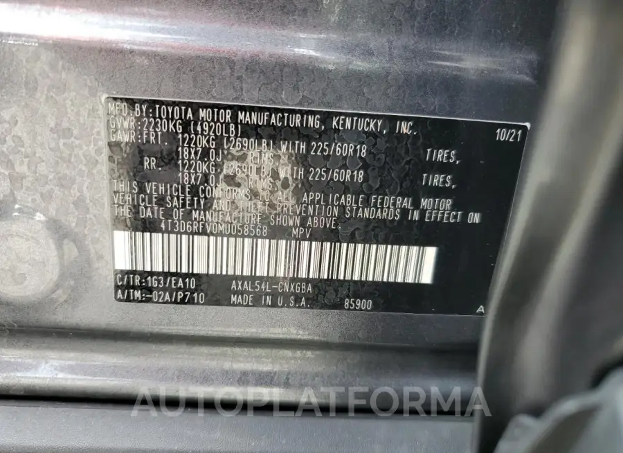 TOYOTA RAV4 LIMIT 2021 vin 4T3D6RFV0MU058568 from auto auction Copart