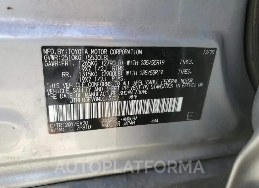 TOYOTA RAV4 PRIME 2021 vin JTMFB3FV8MD013702 from auto auction Copart