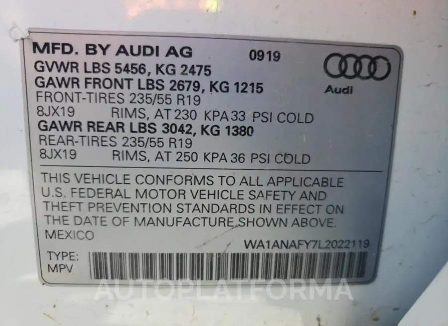 AUDI Q5 PREMIUM 2020 vin WA1ANAFY7L2022119 from auto auction Copart