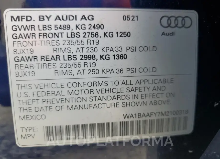 AUDI Q5 PREMIUM 2021 vin WA1BAAFY7M2100318 from auto auction Copart